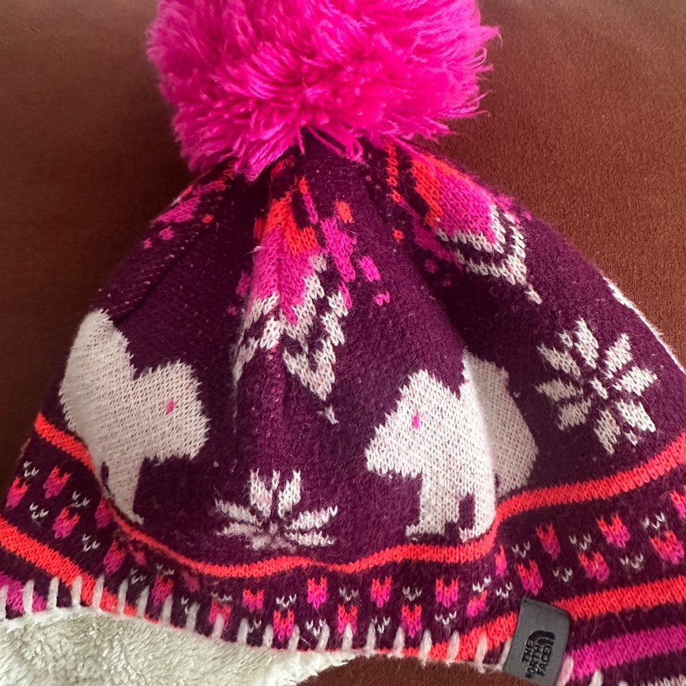 Kids The North Face Winter Hat with Pink Pom Pom